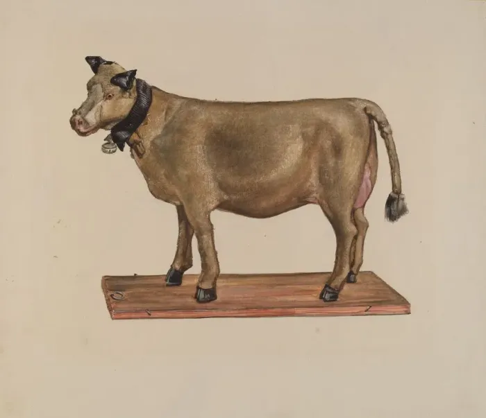 Framed Print : Toy Cow on Stand, c. 1937. Creator: James McLellan Framed Print : Toy Cow on Stand, c. 1937. Creator: James McLellan
