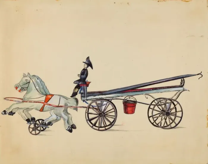 Framed Print : Toy Hook and Ladder, with Two Horses, c. 1936. Creator: Mina Lowry Framed Print : Toy Hook and Ladder, with Two Horses, c. 1936. Creator: Mina Lowry