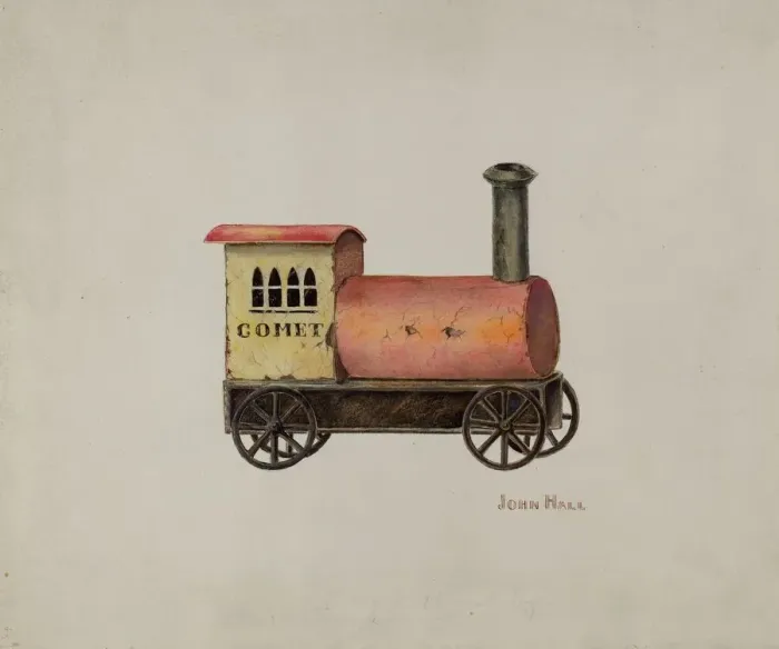 Framed Print : Toy Locomotive, c. 1941. Creator: John Hall Framed Print : Toy Locomotive, c. 1941. Creator: John Hall
