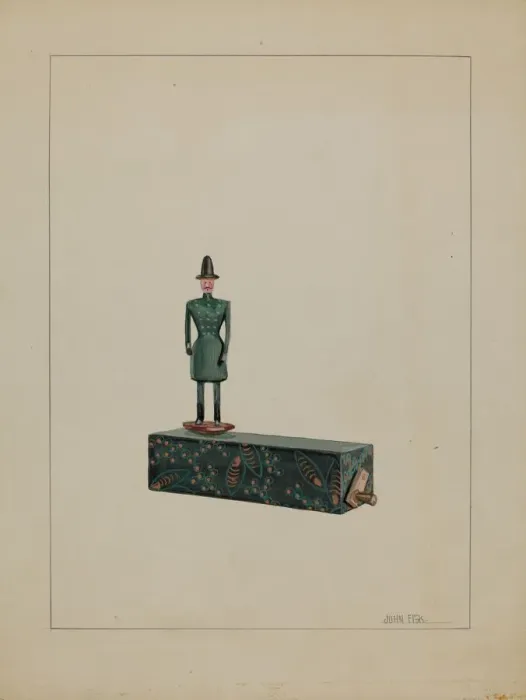 Framed Print : Toy - Man on Music Box, c. 1936. Creator: John Fisk Framed Print : Toy - Man on Music Box, c. 1936. Creator: John Fisk