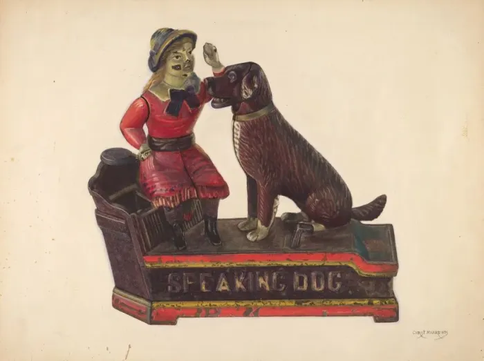 Framed Print : Toy: Speaking Dog Bank, c. 1937. Creator: Chris Makrenos Framed Print : Toy: Speaking Dog Bank, c. 1937. Creator: Chris Makrenos