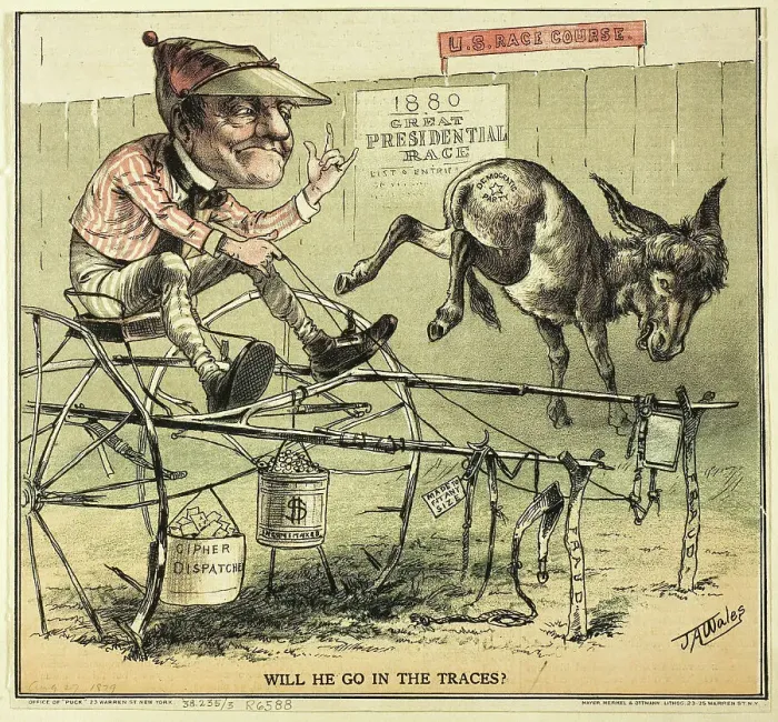 Framed Print : Will He Go in The Traces, from Puck, published August 27, 1879. Creator: James Albert Wales Framed Print : Will He Go in The Traces, from Puck, published August 27, 1879. Creator: James Albert Wales