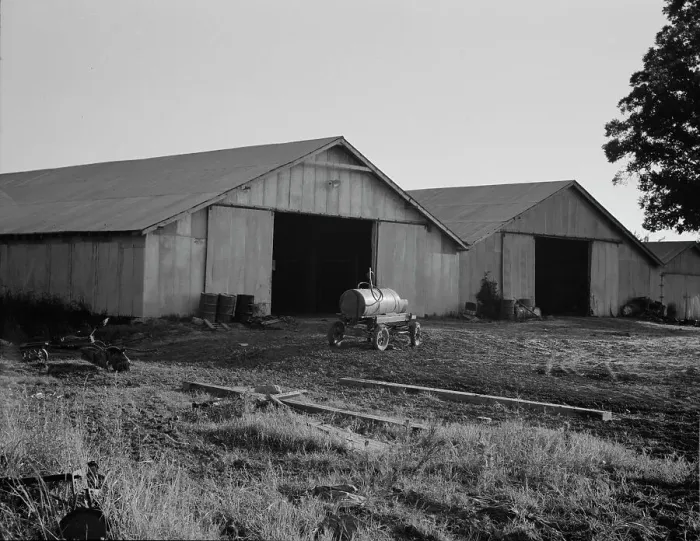 Framed Print : Tractor garage at the Aldridge Plantation near Leland, Mississippi, 1937. Creator: Dorothea Lange Framed Print : Tractor garage at the Aldridge Plantation near Leland, Mississippi, 1937. Creator: Dorothea Lange
