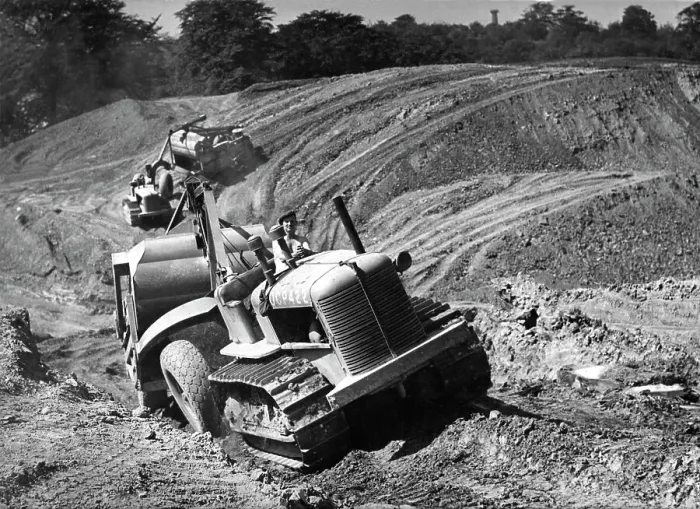Framed Print : Tractor unit pulling an earth grading machine at a site near Rotherham, South Yorkshire, 1954 Framed Print : Tractor unit pulling an earth grading machine at a site near Rotherham, South Yorkshire, 1954