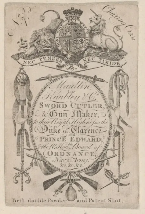 Framed Print : Trade Card Bearing the Name of the Late Gunmaker John Knubley (1750-1795), ca. 17... ca. 1795-1804. Creator: Anon Framed Print : Trade Card Bearing the Name of the Late Gunmaker John Knubley (1750-1795), ca. 17... ca. 1795-1804. Creator: Anon