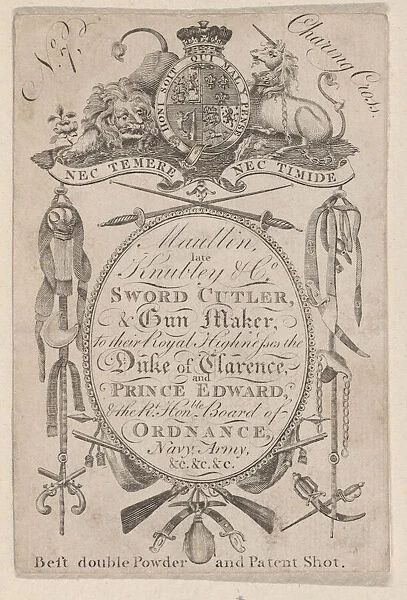 Trade Card Bearing the Name of the Late Gunmaker John Knubley (1750-1795), ca. 17... ca. 1795-1804. Creator: Anon