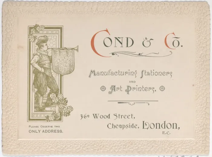 Framed Print : Trade Card for Cond & Co. Manufacturing Stationers and Art Printers, 19th century. 19th century. Creator: Anon Framed Print : Trade Card for Cond & Co. Manufacturing Stationers and Art Printers, 19th century. 19th century. Creator: Anon