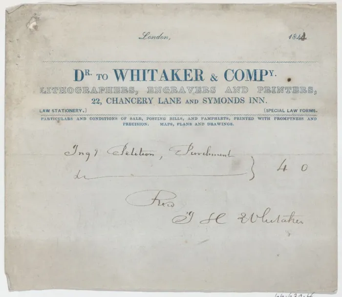 Framed Print : Trade Card for Dr. Whitaker & Co. Lithogravers, Engravers and Printers, 19th century. 19th century Creator: Anon Framed Print : Trade Card for Dr. Whitaker & Co. Lithogravers, Engravers and Printers, 19th century. 19th century Creator: Anon