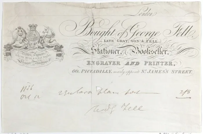 Framed Print : Trade Card for George Fell, Stationer, Bookseller, Engraver and Printer, 19th century. 19th century Creator: Anon Framed Print : Trade Card for George Fell, Stationer, Bookseller, Engraver and Printer, 19th century. 19th century Creator: Anon