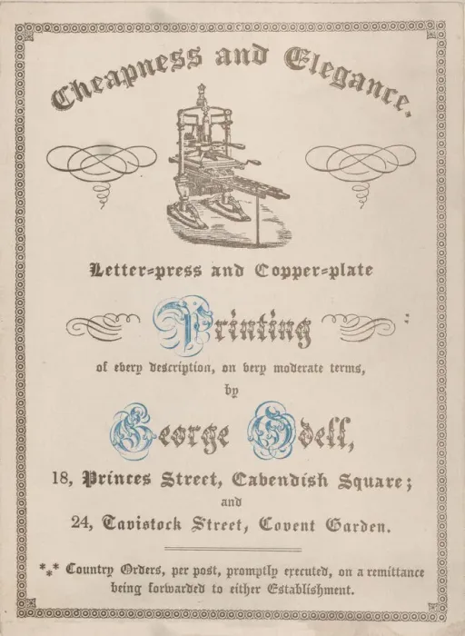 Framed Print : Trade card for George Odell, Printer, 19th century. Creator: Anon Framed Print : Trade card for George Odell, Printer, 19th century. Creator: Anon