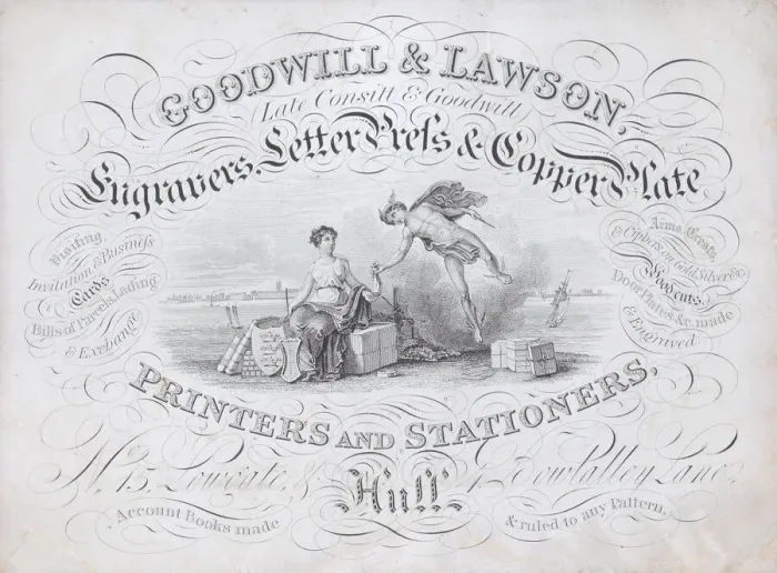 Framed Print : Trade card for Goodwill & Lawson, engravers, printers and stationers, 19th century Framed Print : Trade card for Goodwill & Lawson, engravers, printers and stationers, 19th century