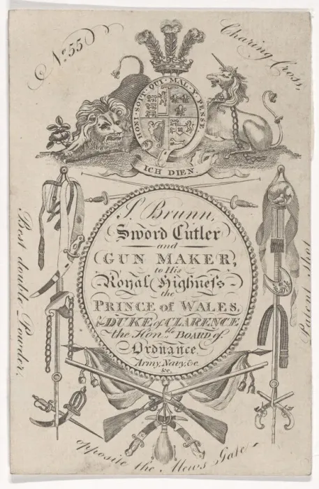 Framed Print : Trade Card of the Gunmaker Samuel Brunn (active 1795-1820), 1797-1803. 1797-1803. Creator: Anon Framed Print : Trade Card of the Gunmaker Samuel Brunn (active 1795-1820), 1797-1803. 1797-1803. Creator: Anon