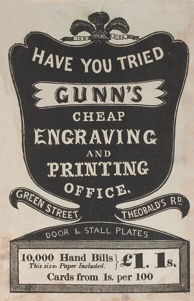 Trade Card for Gunns Cheap Engraving and Printing Office, 19th century. Creator: Anon