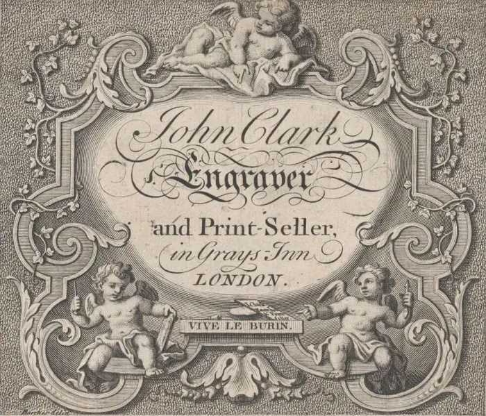 Framed Print : Trade Card for John Clark, Engraver & Printseller, 18th century. Creator: Anon Framed Print : Trade Card for John Clark, Engraver & Printseller, 18th century. Creator: Anon
