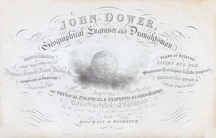 Framed Print : Trade card for John Dower, geographical engraver and draughtsman, 19th century Framed Print : Trade card for John Dower, geographical engraver and draughtsman, 19th century