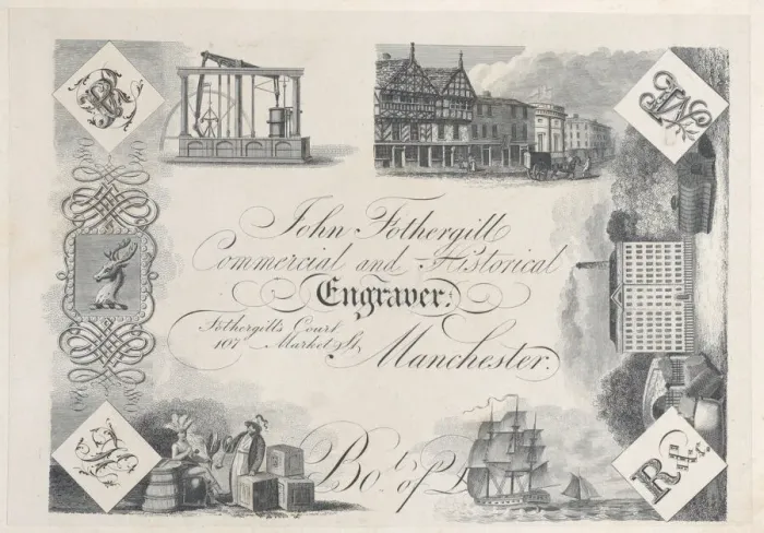 Framed Print : Trade Card for John Fothergill, Commercial and Historical Engraver, 19th century. 19th century. Creator: Anon Framed Print : Trade Card for John Fothergill, Commercial and Historical Engraver, 19th century. 19th century. Creator: Anon