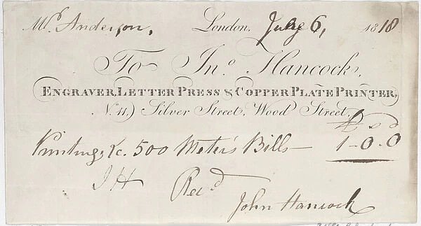Trade Card for John Hancock, Engraver, Letter Press & Copper Plate Printer, 1818. 1818. Creator: Anon