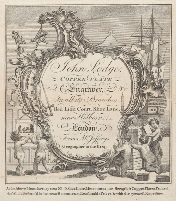 Framed Print : Trade Card for John Lodge, Copper Plate Engraver, 18th century. Creator: Anon Framed Print : Trade Card for John Lodge, Copper Plate Engraver, 18th century. Creator: Anon