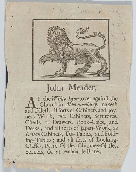 Trade Card of John Meader, Cabinets and Joyners Work, ca. 1690-1720. Creator: John Meader