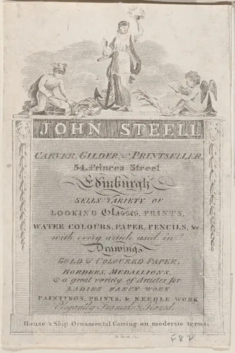 Framed Print : Trade Card for John Steell, Carver, Gilder, and Printseller, 19th century. 19th century. Creator: Anon Framed Print : Trade Card for John Steell, Carver, Gilder, and Printseller, 19th century. 19th century. Creator: Anon