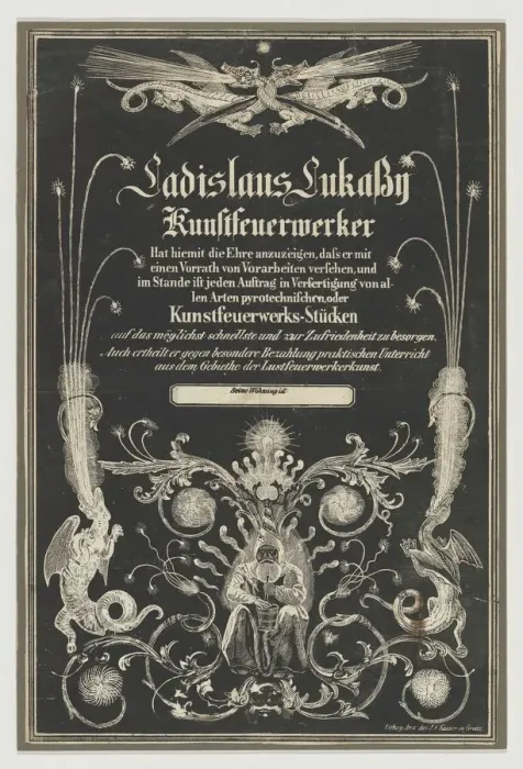 Framed Print : Trade card for Ladislas Lukassy Kunstfeuerwerker, 19th century. Creator: Joseph Franz Kaiser Framed Print : Trade card for Ladislas Lukassy Kunstfeuerwerker, 19th century. Creator: Joseph Franz Kaiser