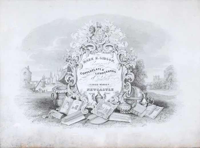 Framed Print : Trade Card for Mark H. Gibson, Engraver and Printer, 19th century. Creator: Anon Framed Print : Trade Card for Mark H. Gibson, Engraver and Printer, 19th century. Creator: Anon