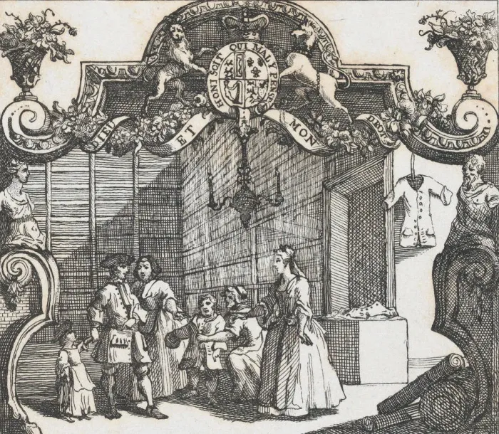 Framed Print : Trade card of Mary & Ann Hogarth, the old Frock Shop, ca. 1730. ca. 1730 Framed Print : Trade card of Mary & Ann Hogarth, the old Frock Shop, ca. 1730. ca. 1730