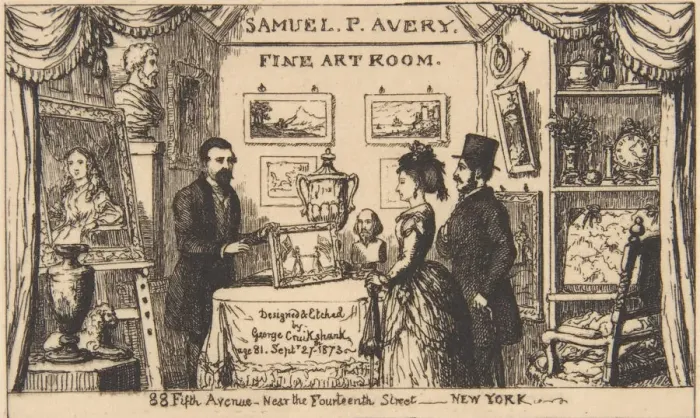 Framed Print : Trade Card for Samuel P. Avery--Fine Art Room, 1873. 1873. Creator: George Cruikshank