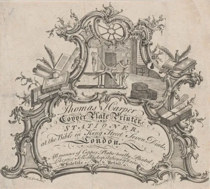 Framed Print : Trade Card for Thomas Harper, Copper Plate Printer and Stationer, 18th century Framed Print : Trade Card for Thomas Harper, Copper Plate Printer and Stationer, 18th century