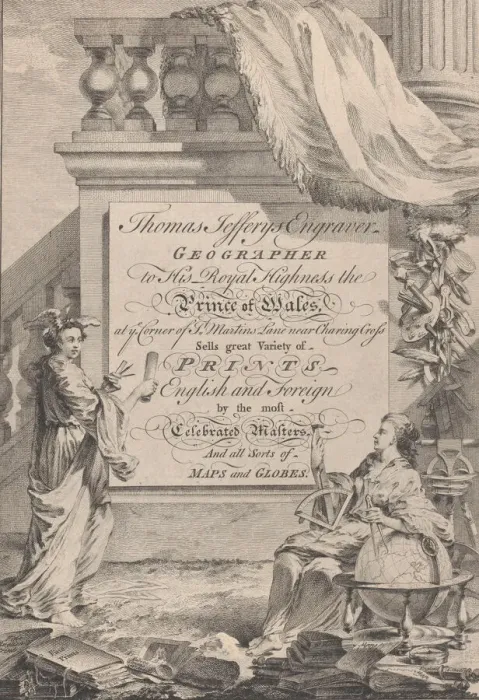 Framed Print : Trade Card for Thomas Jefferys, Engraver, Geographer, and Printseller, 18th century Framed Print : Trade Card for Thomas Jefferys, Engraver, Geographer, and Printseller, 18th century