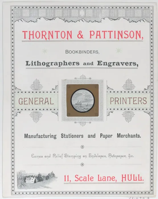Framed Print : Trade Card for Thorton & Pattinson, Bookbinders, Lithographers and Engravers, 19th... 19th century. Creator: Anon Framed Print : Trade Card for Thorton & Pattinson, Bookbinders, Lithographers and Engravers, 19th... 19th century. Creator: Anon