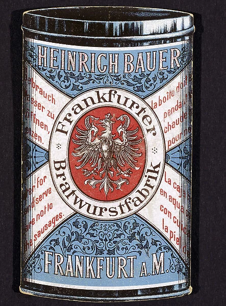Trade card for tinned Frankfurters produced by Heinrich Bauer of Frankfurt am Main, Germany, c1895