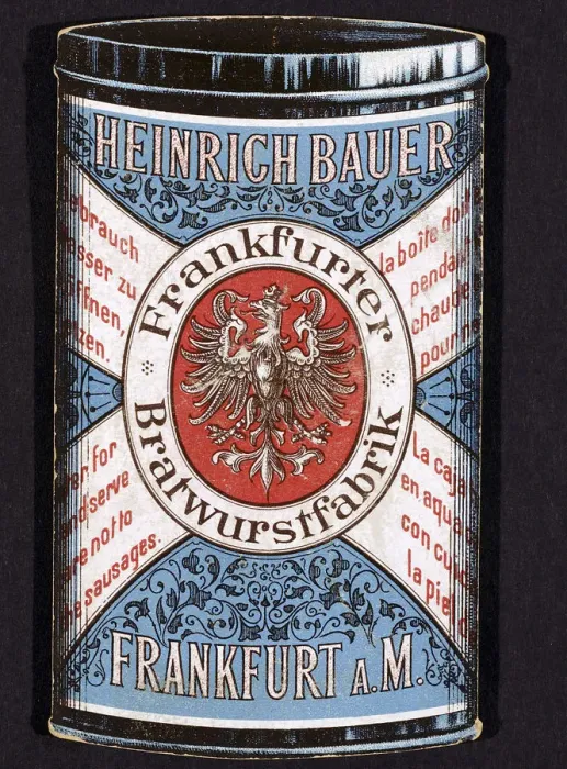 Framed Print : Trade card for tinned Frankfurters produced by Heinrich Bauer of Frankfurt am Main, Germany, c1895 Framed Print : Trade card for tinned Frankfurters produced by Heinrich Bauer of Frankfurt am Main, Germany, c1895