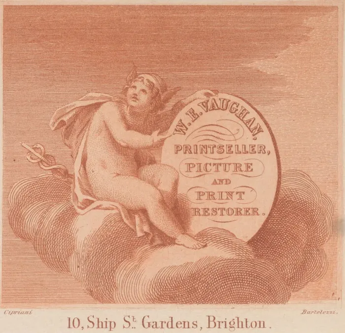 Framed Print : Trade Card for W. E. Vaughan, Printseller & Restorer, 18th century Framed Print : Trade Card for W. E. Vaughan, Printseller & Restorer, 18th century