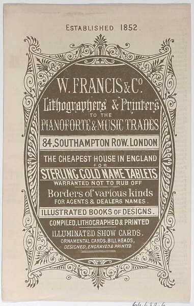 Trade Card for W. Francis & Co. Lithographers and Printers, 19th century. 19th century. Creator: Anon