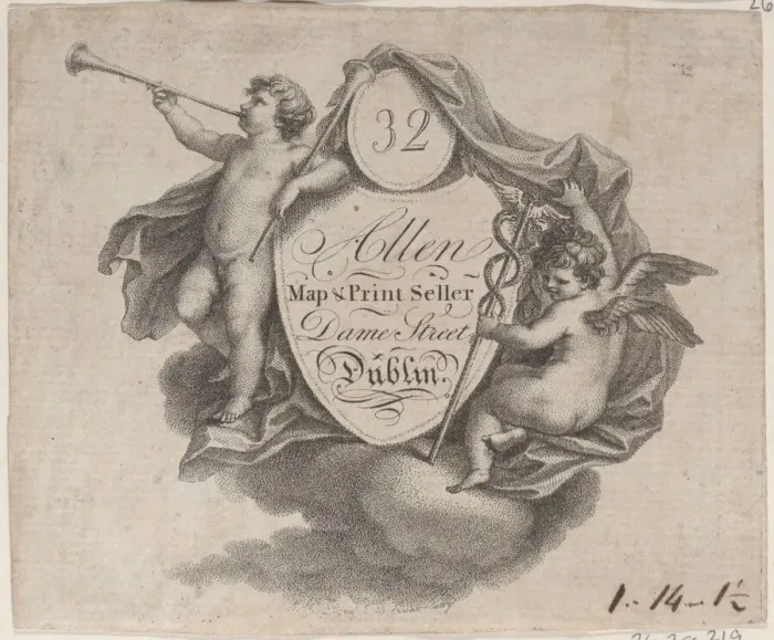 Framed Print : Trade card for William Allen, Map and Print Seller in Dublin, late... late 18th-early 19th century. Creator: Anon Framed Print : Trade card for William Allen, Map and Print Seller in Dublin, late... late 18th-early 19th century. Creator: Anon