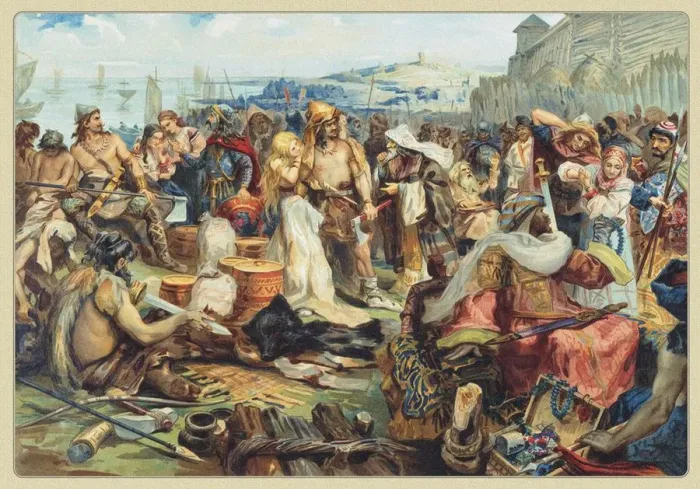 Framed Print : Trade in an Early East Slavic State, 19th century. Artist: Anonymous Framed Print : Trade in an Early East Slavic State, 19th century. Artist: Anonymous