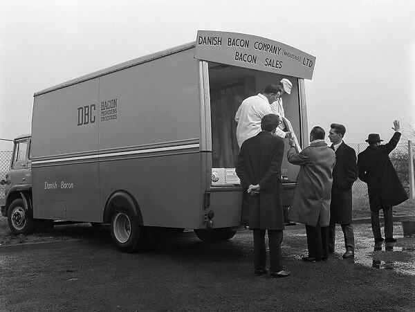 Traders buying bacon direct from a Danish Bacon wholesale van, Kilnhurst, South Yorkshire, 1961
