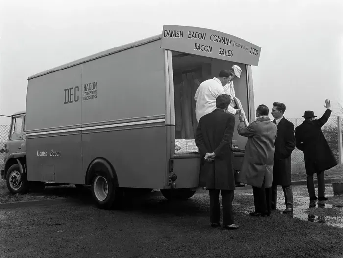 Framed Print : Traders buying bacon direct from a Danish Bacon wholesale van, Kilnhurst, South Yorkshire, 1961 Framed Print : Traders buying bacon direct from a Danish Bacon wholesale van, Kilnhurst, South Yorkshire, 1961