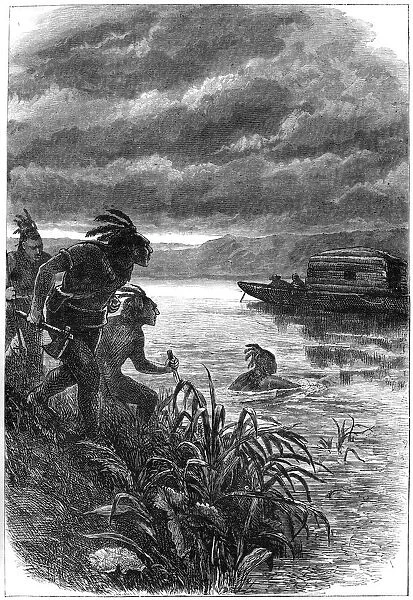 Traders on the Ohio River attacked by Native Americans, 18th century (c1880)