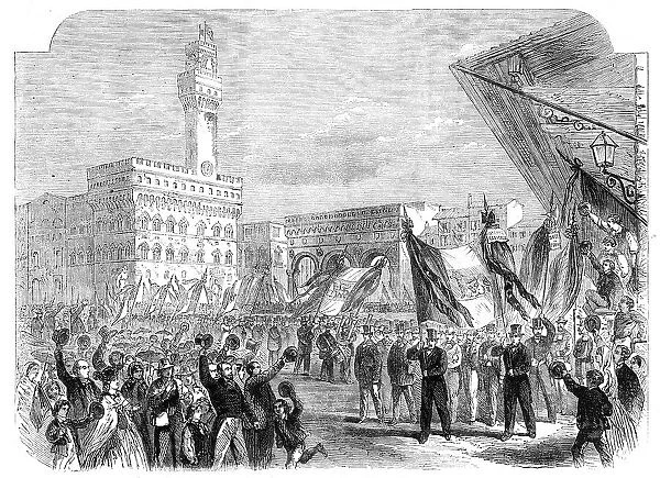 Trades demonstration at Florence against the temporal power of the Pope, 1862. Creator: Unknown
