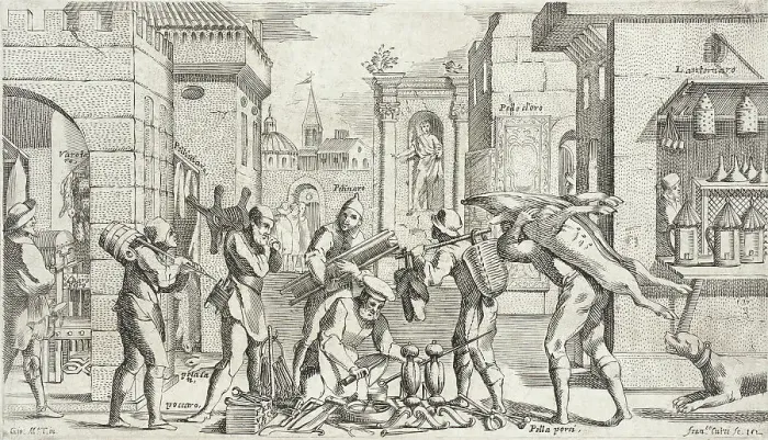 Framed Print : Trades Practiced in Bologna, c1640. Creators: Agostino Parisini, Francesco Curti Framed Print : Trades Practiced in Bologna, c1640. Creators: Agostino Parisini, Francesco Curti