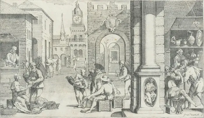 Framed Print : Trades Practiced in Bologna, c1640. Creators: Francesco Curti, Agostino Parisini Framed Print : Trades Practiced in Bologna, c1640. Creators: Francesco Curti, Agostino Parisini