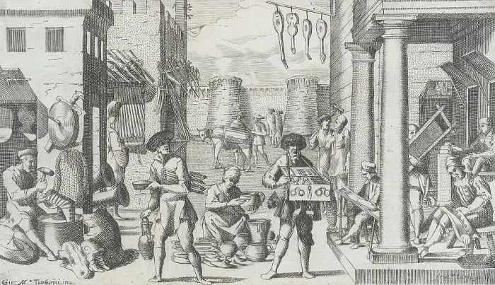 Framed Print : Trades Practiced in Bologna, c1640. Creators: Francesco Curti, Agostino Parisini Framed Print : Trades Practiced in Bologna, c1640. Creators: Francesco Curti, Agostino Parisini