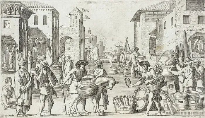 Framed Print : Trades Practiced in Bologna, c1640. Creators: Agostino Parisini, Francesco Curti Framed Print : Trades Practiced in Bologna, c1640. Creators: Agostino Parisini, Francesco Curti