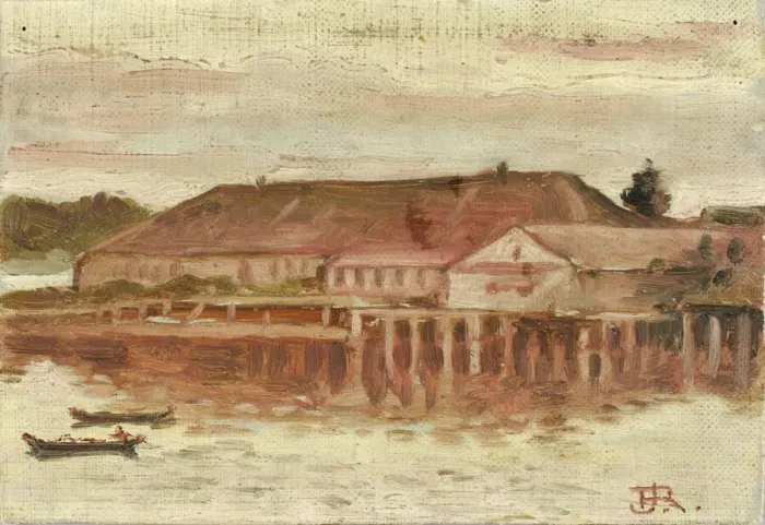 Framed Print : Trading Post and Wharf Buildings, Sitka, Evening, ca. 1880-1914. Creator: Theodore J Framed Print : Trading Post and Wharf Buildings, Sitka, Evening, ca. 1880-1914. Creator: Theodore J