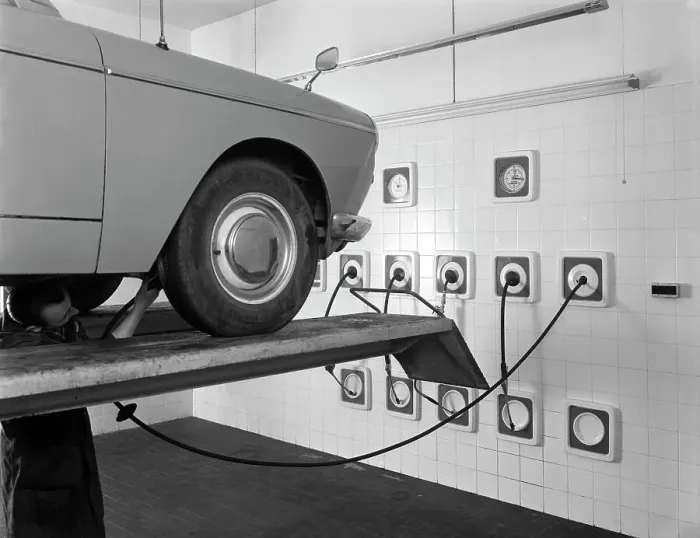 Framed Print : A traditional lubrication bay and mechanic at a garage, Sheffield, South Yorkshire, 1965