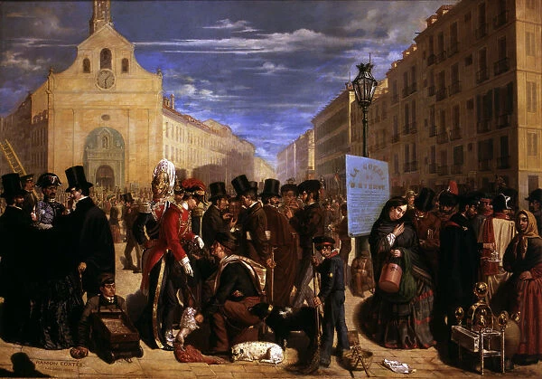Traditional Madrid people in Puerta del Sol in Madrid before the urban reform, 1855