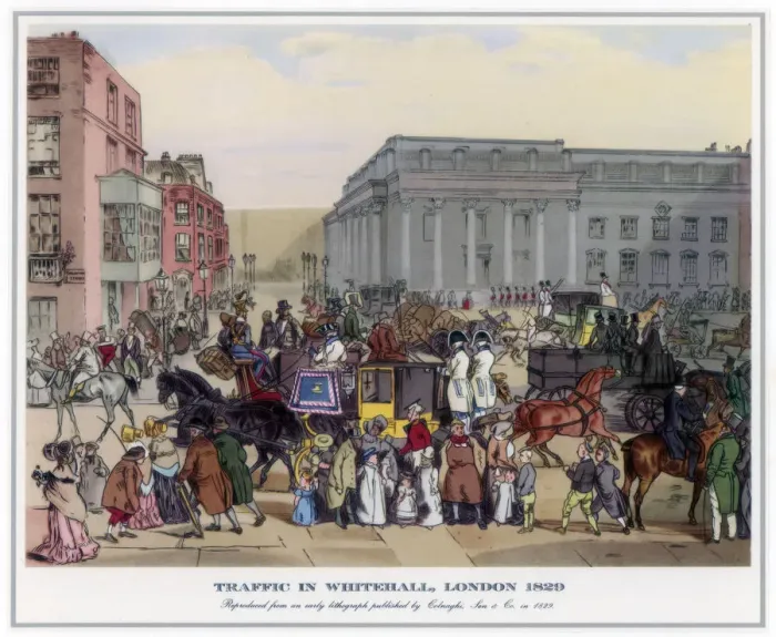 Framed Print : Traffic in Whitehall, London, 1829 Framed Print : Traffic in Whitehall, London, 1829