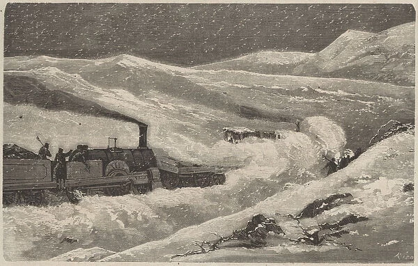 Train blocked by snow in the Guadarrama pass in winter 1874, engraving of the time